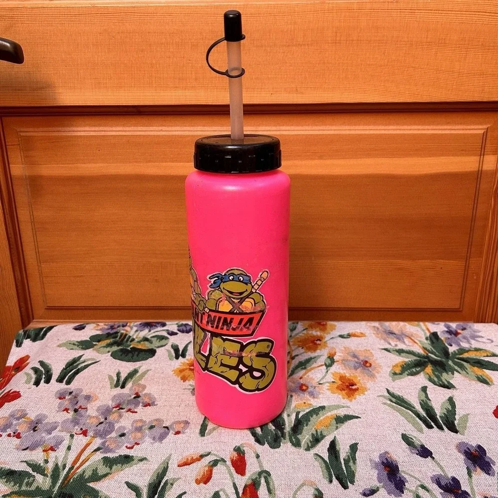 VTG 80s TMNT Teenage Mutant Ninja Turtles Water Bottle Straw Cap Pink Retro GLOW